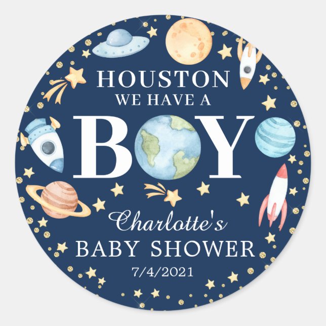 Houston We Have A Boy Outer Space Favor Sticker (Front)