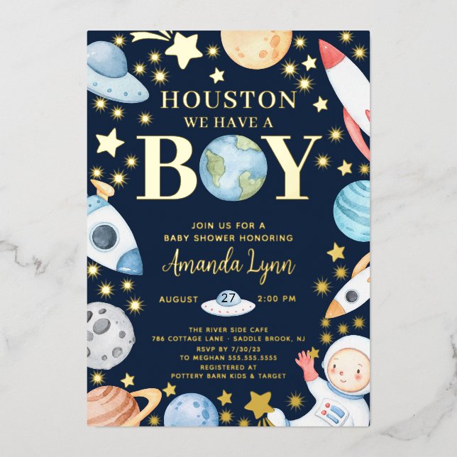 Houston We Have A Boy Outer Space Foil Invitation (Front)
