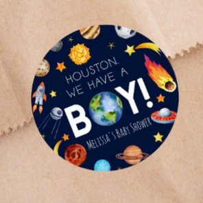 Houston We Have A Boy Space Galaxy Baby Shower Classic Round Sticker