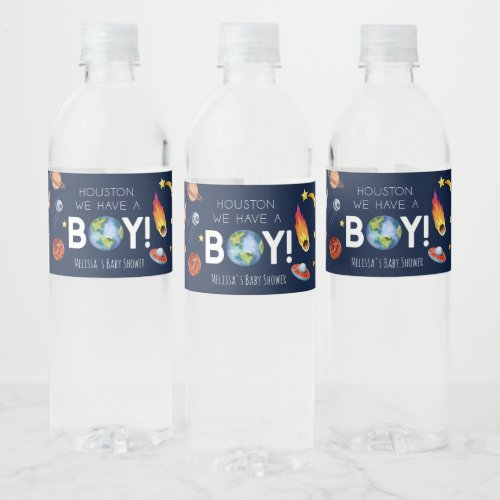 Houston We Have A Boy Space Galaxy Baby Shower Water Bottle Label
