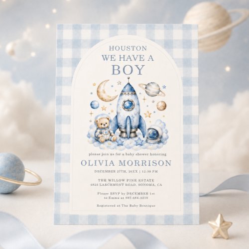 Houston We Have a Boy Gingham or plaid baby shower invitation