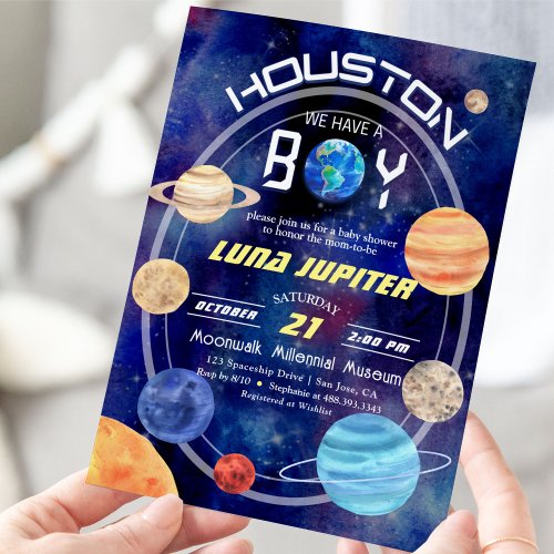 Houston We Have a Boy Space Planets Baby Shower Invitation