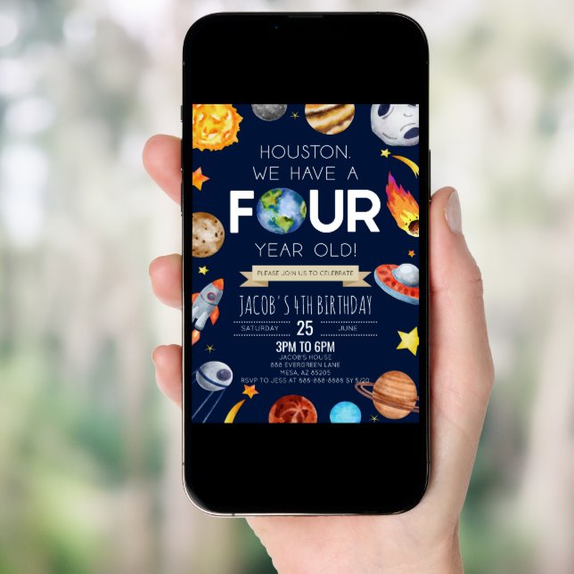 Houston We Have A Four Year Old 4th Birthday Party Invitation (Front Digital)