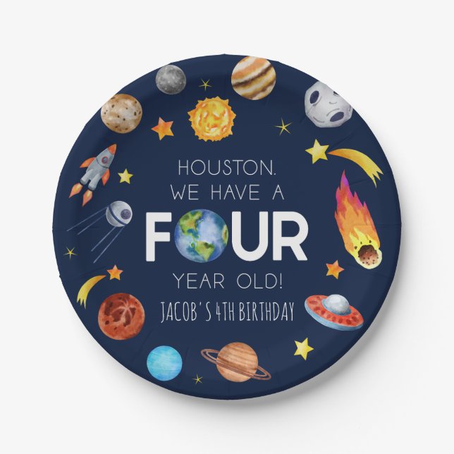 Houston We Have A Four Year Old 4th Birthday Party Paper Plates (Front)