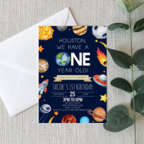 Houston We Have A One Year Old 1st Birthday Party Invitation