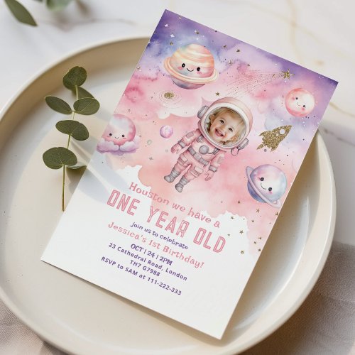 Houston we have a One year old pink girl photo Invitation