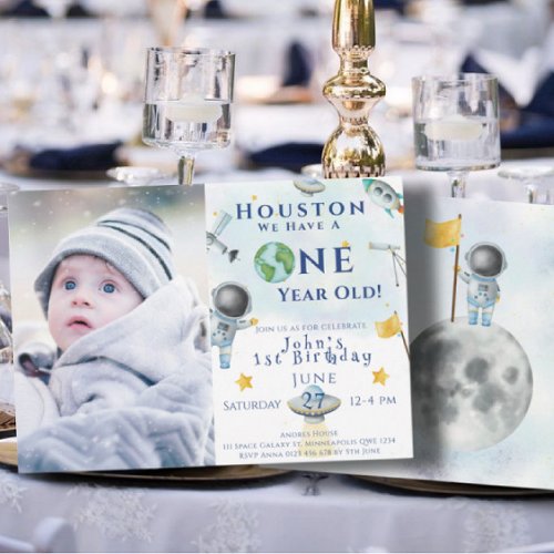 Houston We Have A One year old Space Astronaut Inv Invitation