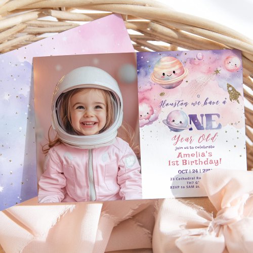 Houston we have a one year old Space girl photo Invitation