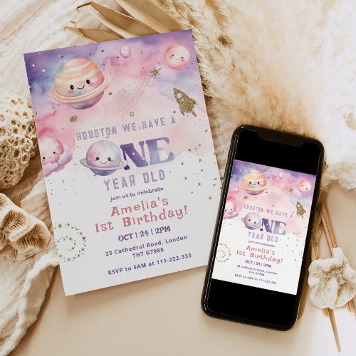 Houston we have a One year old Space girl pink Invitation