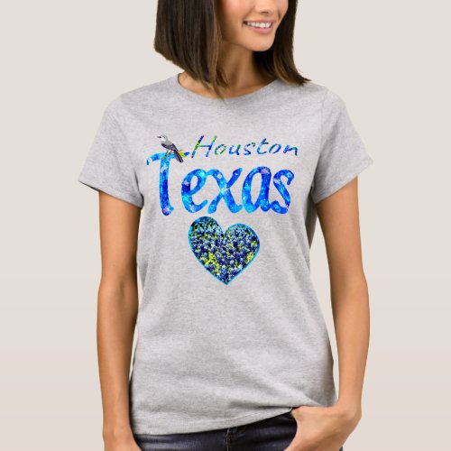 HoustonTexas Mockingbird and Bluebonnet Heart T_Shirt