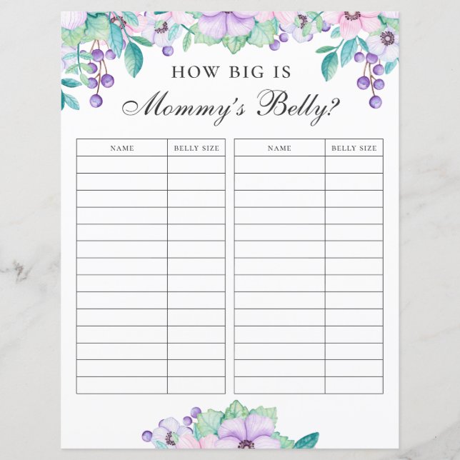 How big is mommy belly. Floral baby shower game (Front)
