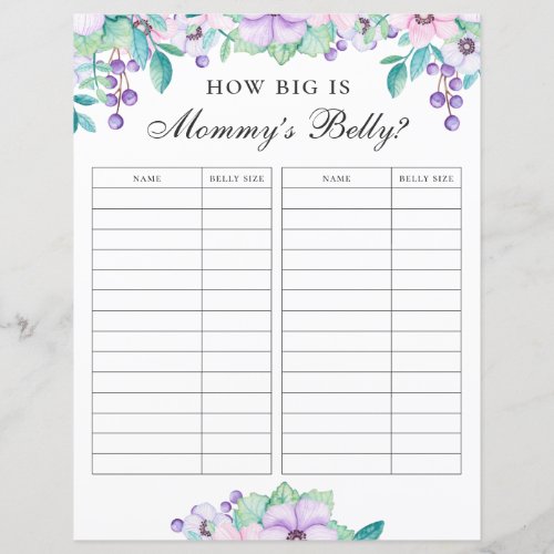 How big is mommy belly Floral baby shower game