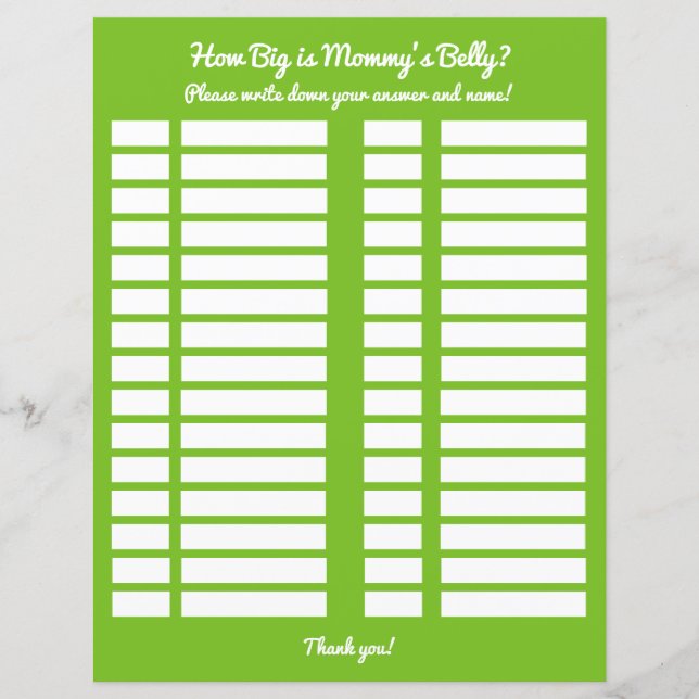 How Big is Mommy's Belly Baby Shower Game Log (Front)