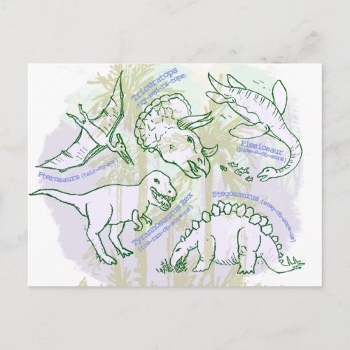 How do you say dinosaur names hand drawn postcard