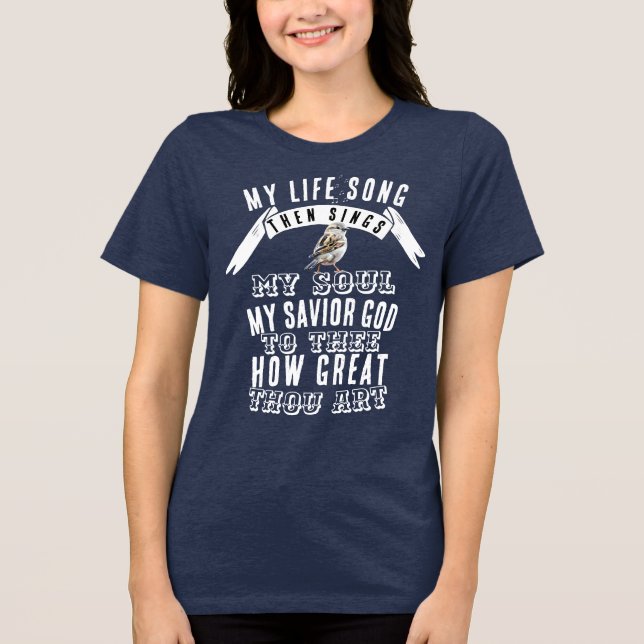 How Great Thou Art Cute Bird Singing Christian Tri-Blend Shirt (Front)