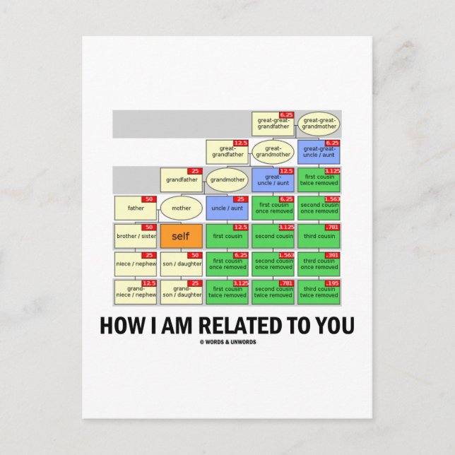 How I Am Related To You (Cousin Tree Genetic Kin) Postcard (Front)