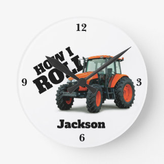 "How I Roll" with Orange Farm Tractor  Round Clock