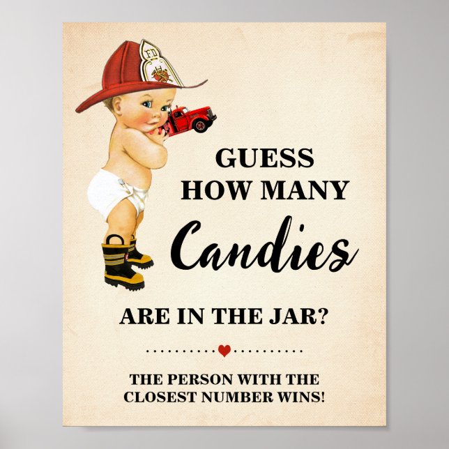How Many Candies Firefighter Baby Shower Game Poster (Front)