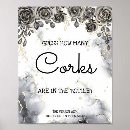 How Many Corks BlackGold Roses Bridal Shower Sign