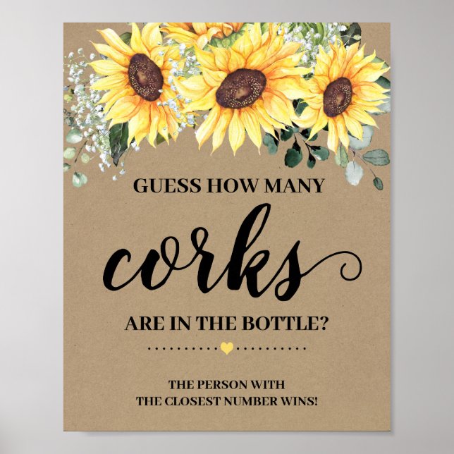 How Many Corks Greenery Sunflower Shower game sign (Front)