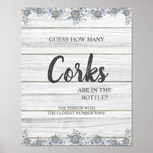 How Many Corks Grey Floral Bridal Shower Game Sign