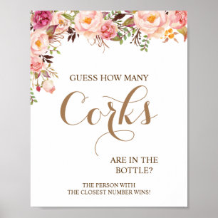 How Many Corks Pink Floral Bridal Shower Game Sign