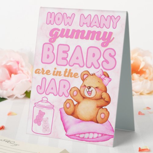 How Many Gummy Bears Pink Baby Shower Game Table Tent Sign