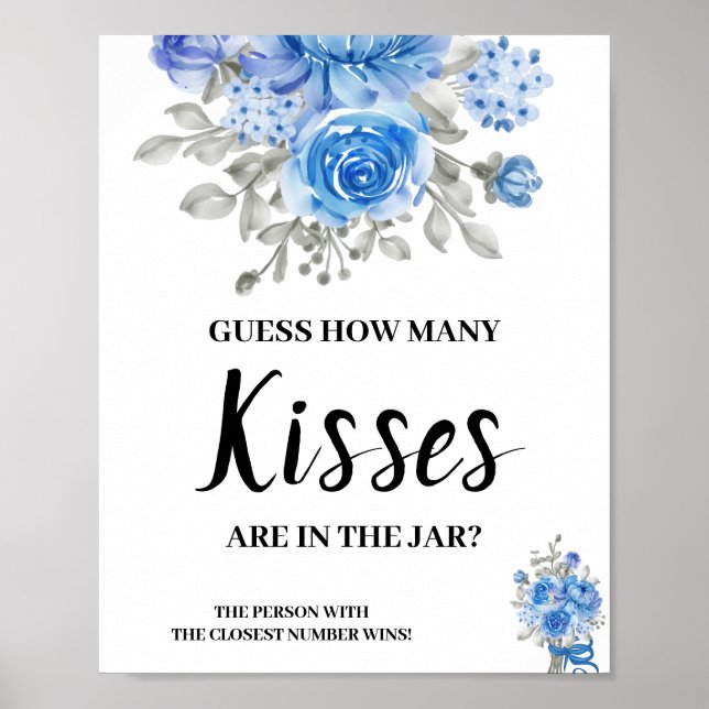 How many Kisses BlueFlower Bridal Shower Game Sign (Front)