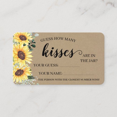 How Many Kisses Bridal Shower Sunflowers game card