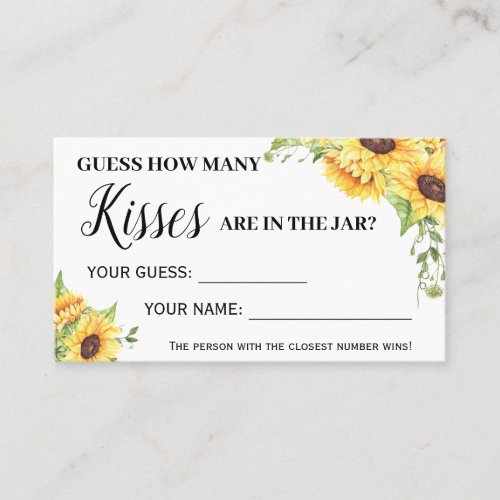 How Many Kisses Bridal Shower Sunflowers game card