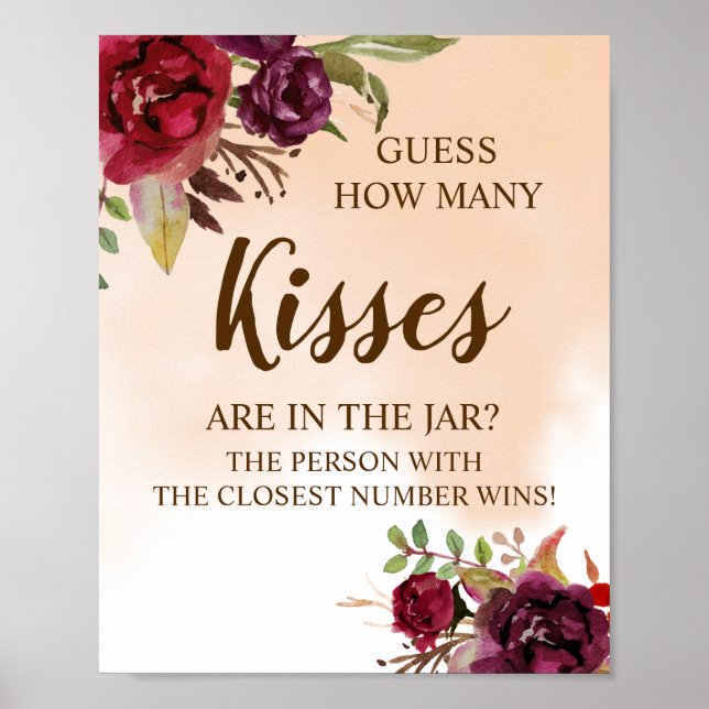 How Many Kisses | Burgundy Bridal Shower Game Sign (Front)