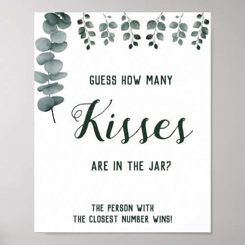 How Many Kisses Eucalyptus Bridal Shower Game Sign