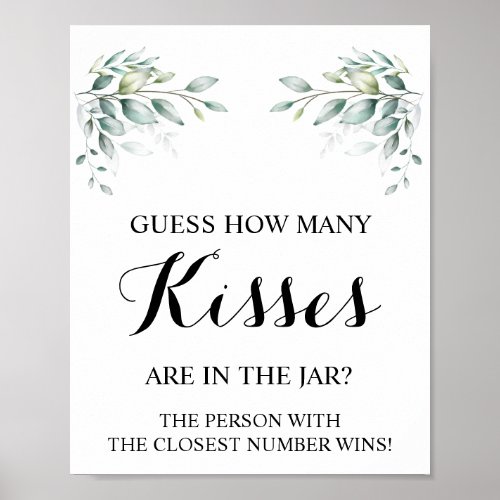 How Many Kisses Eucalyptus Bridal Shower Game Sign