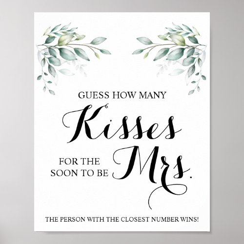 How Many Kisses for Mrs EucalyptusShower Game Sign