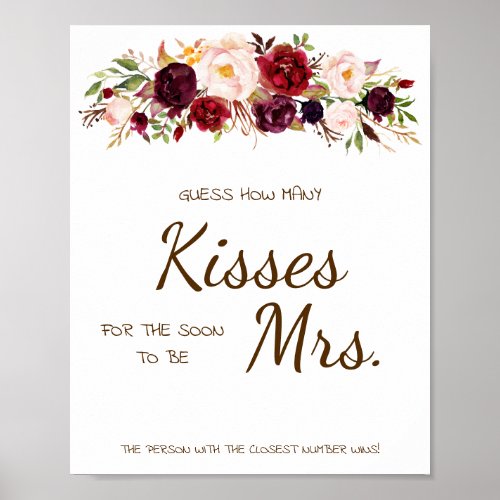 How Many Kisses for Mrs Marsala Shower Game Sign