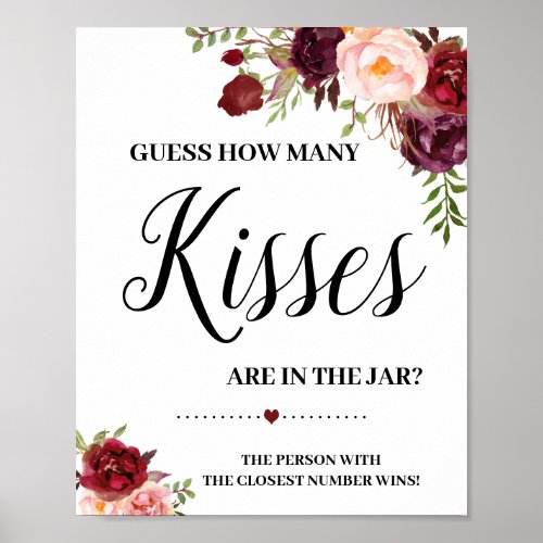 How many kisses game sign bridal shower boho chic