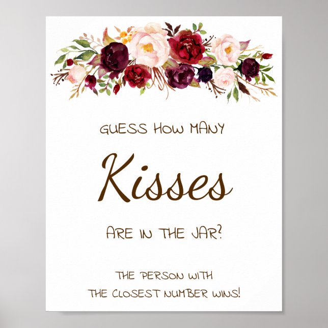 How Many Kisses Marsala Bridal Shower Game Sign (Front)
