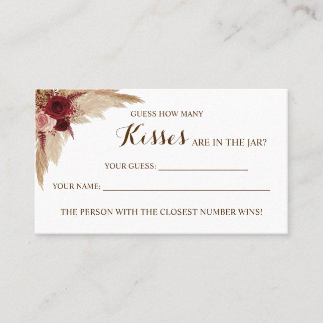How Many Kisses Pampas Bridal Shower game card (Front)