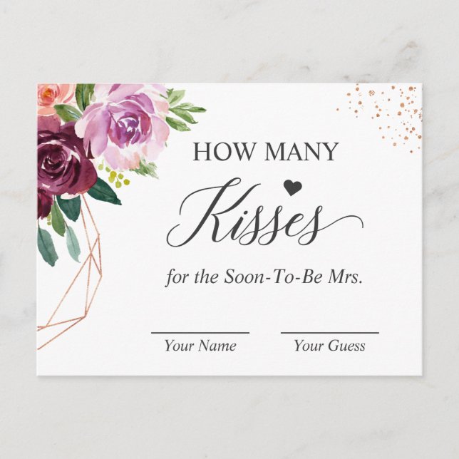 How Many Kisses Purple Floral Bridal Shower Game Postcard (Front)