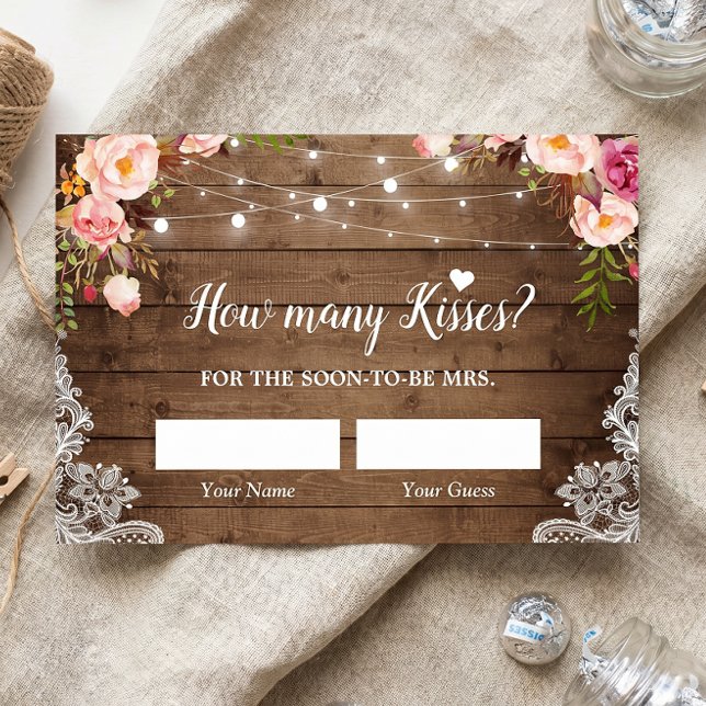 How Many Kisses Rustic Bridal Shower Game Card (Creator Uploaded)