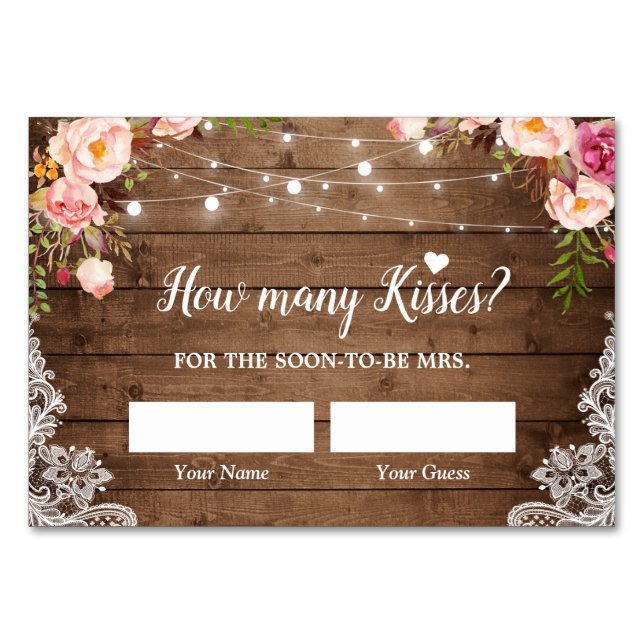 How Many Kisses Rustic Bridal Shower Game Card (Front)