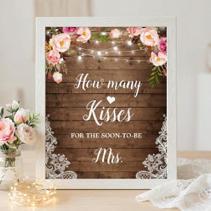 How Many Kisses Rustic Bridal Shower Game Sign
