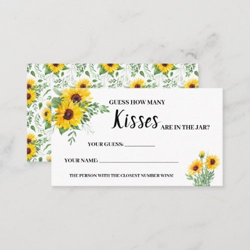 How Many Kisses Sunflowers Bridal Shower Game Card