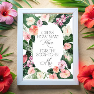 How Many Kisses Tropical Floral Bridal Shower Game Poster