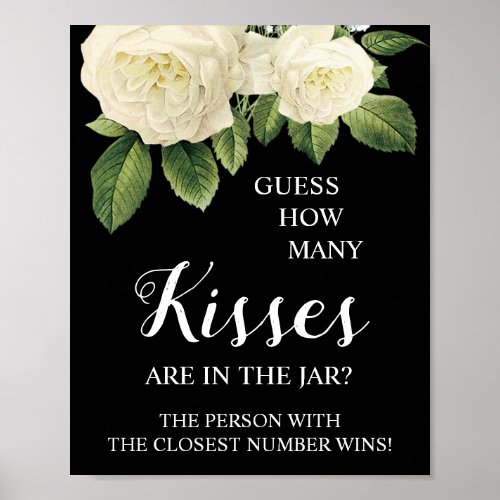 How Many Kisses White Rose Bridal Shower Game Sign