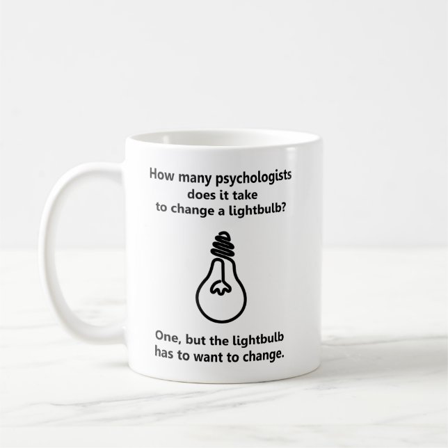 How many psychologists lightbulb humor joke coffee mug (Left)