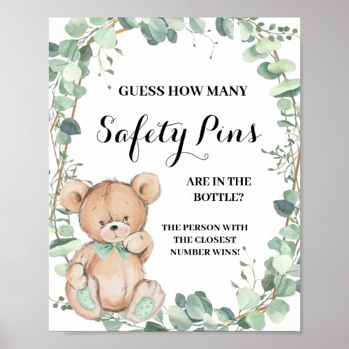 How many Safety Pin Bear Greenery Baby Shower Game Poster