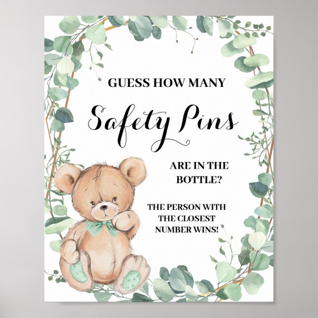 How many Safety Pin Bear Greenery Baby Shower Game Poster (Front)