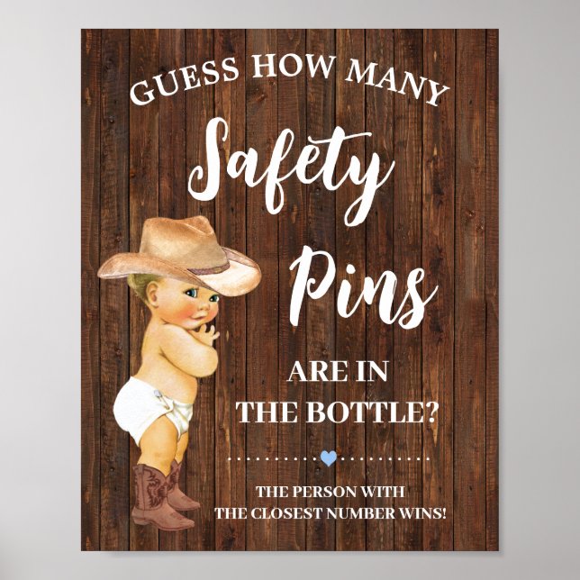 How Many Safety Pins Game Cowboy Baby Shower Sign (Front)