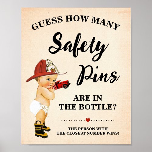 How Many Safety Pins Game Firefighter Baby Shower Poster